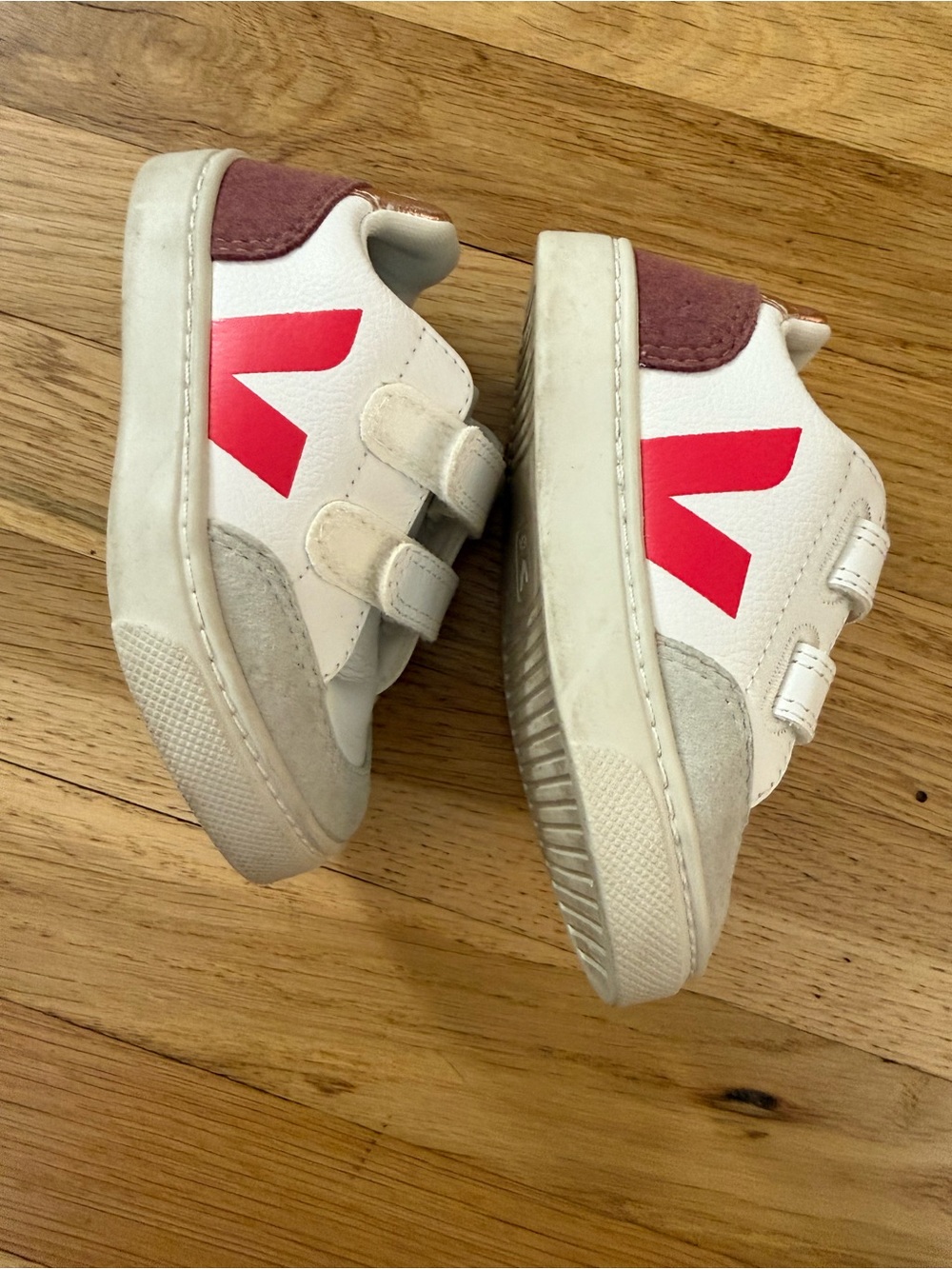 Veja Kids White Sneakers with Pink Heel and Red Logo